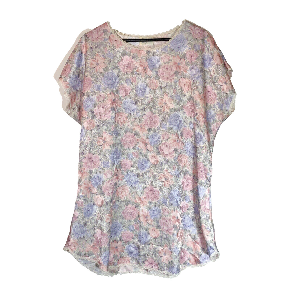 Floral Nightgown Lounge Dress, Medium Pastel Flowers USA Made Retro Short Sleeve